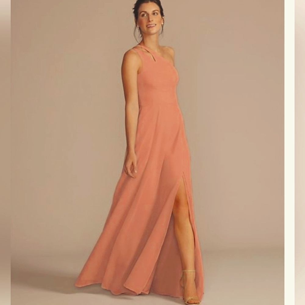 DAVIDS BRIDAL bridesmaid dress, Desert Coral chiffon one shoulder cutout, size 8
